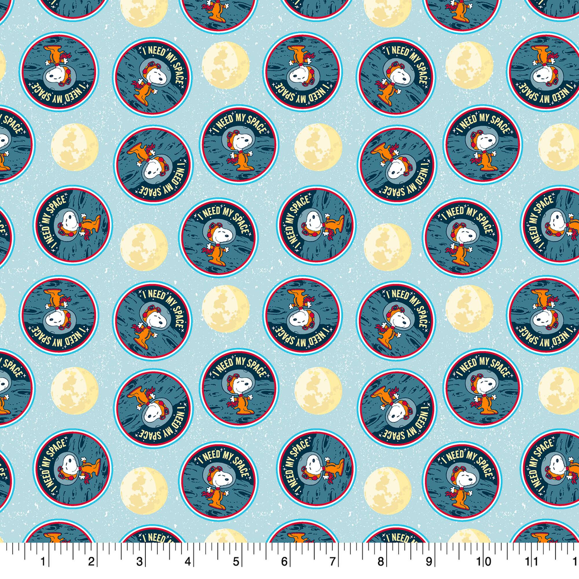Peanuts Light Blue Lunar Landing Snoopy Needs Space Cotton Fabric
